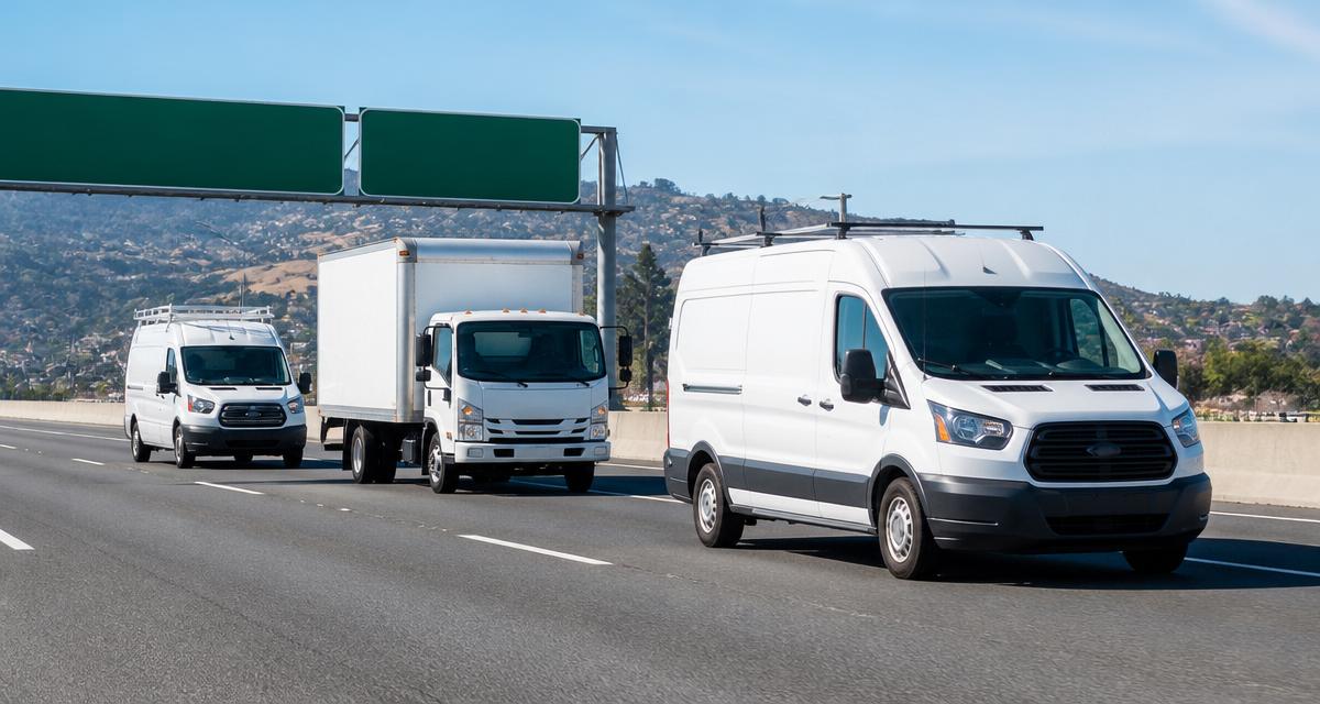 Commercial fleet of vans and trucks on a Bay Area highway