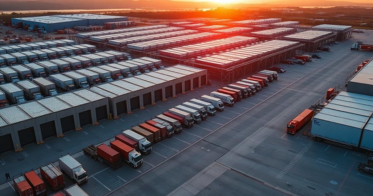 Aerial view of a commercial distribution center and warehouse with semi-trucks at loading docks in the San Francisco Bay Area