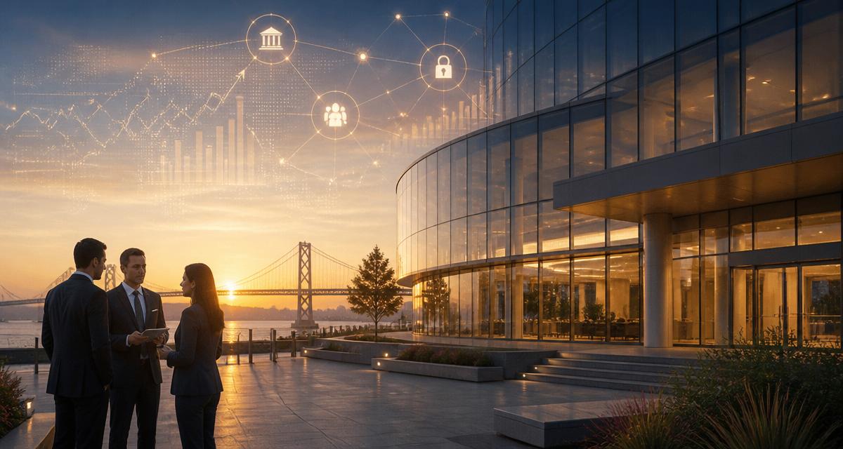 Modern financial institution building in the San Francisco Bay Area with secure digital banking network visualization