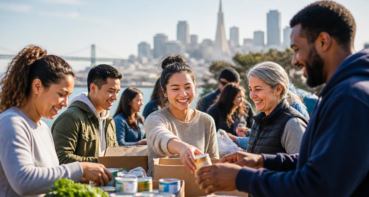 Diverse volunteers working together at a Bay Area non-profit community event with the San Francisco skyline in the background
